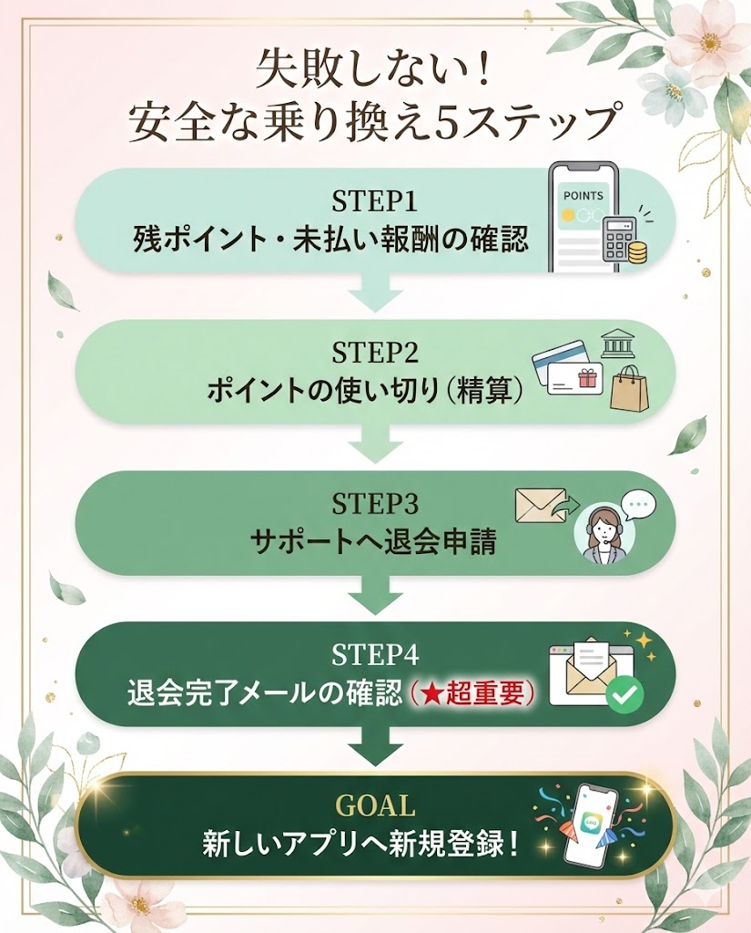 チャットレディアプリの安全な乗り換え5ステップ。ポイント精算から退会完了確認後、新規登録するまでの流れ。