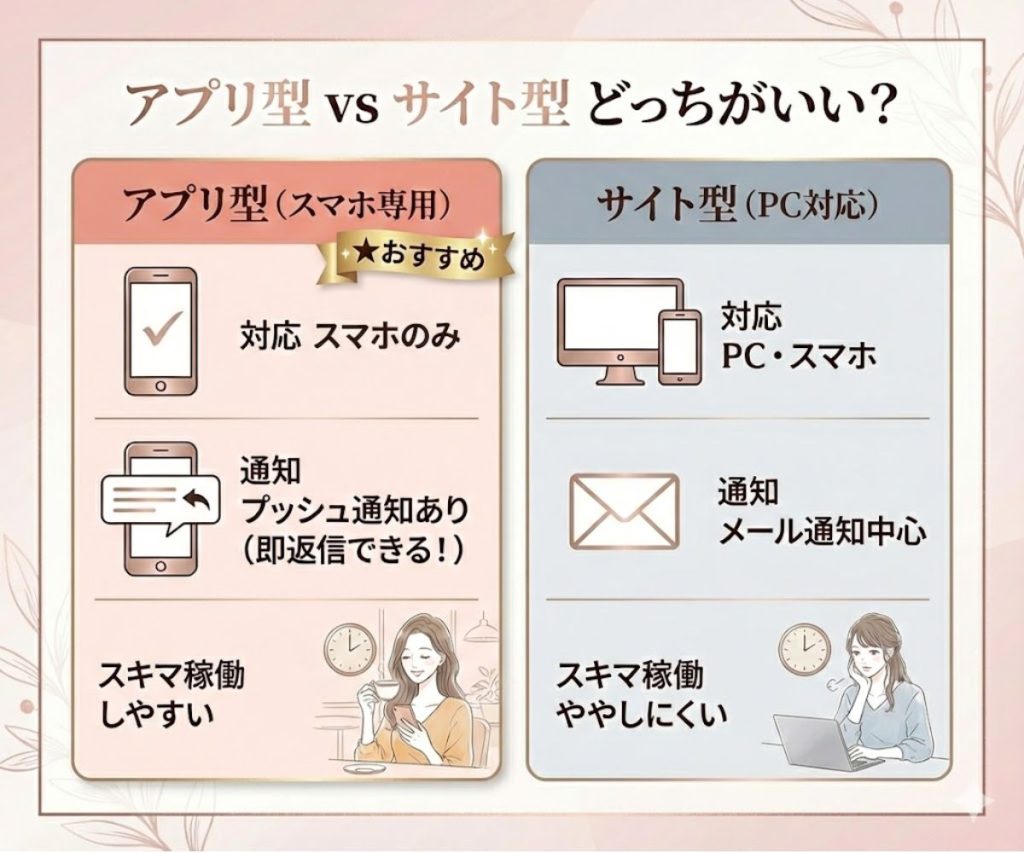 チャットレディのアプリ型とサイト型の比較表。スマホ完結で通知が早いアプリ型がおすすめ。