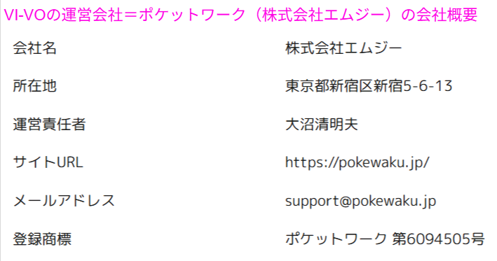 VI-VOの運営会社が株式会社エムジー（ポケットワーク）であることを示す会社概要