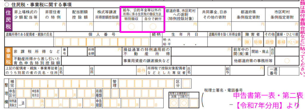 確定申告書第二表の住民税に関する事項。自分で納付に○を付けると普通徴収を選択できる