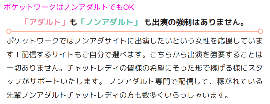 ポケットワークはノンアダルト専門の配信も可能を示す公式画面
