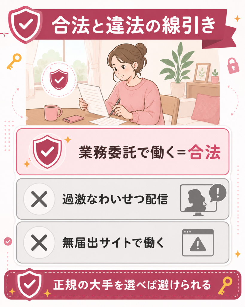 チャットレディの合法な働き方と違法になる2つのケースの図