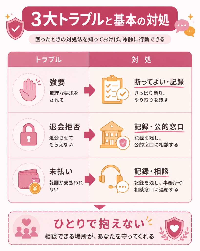 3大トラブルと基本の対処をまとめた対比図