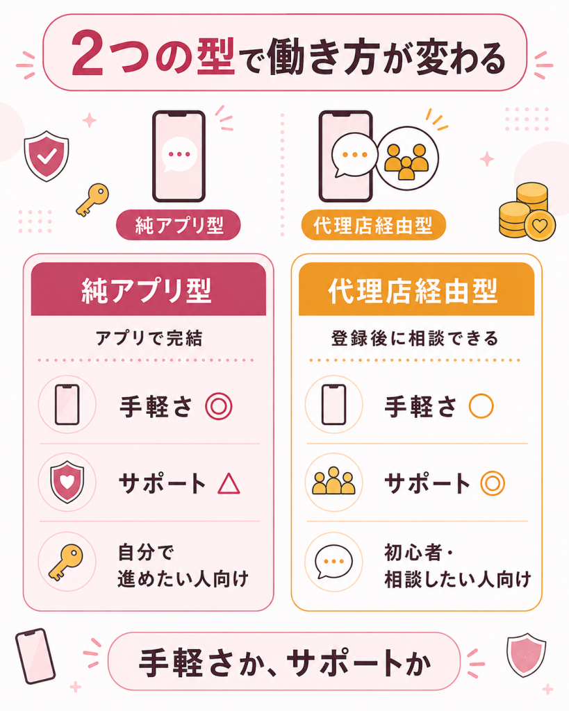 純アプリ型と代理店経由型のチャットレディアプリ比較図