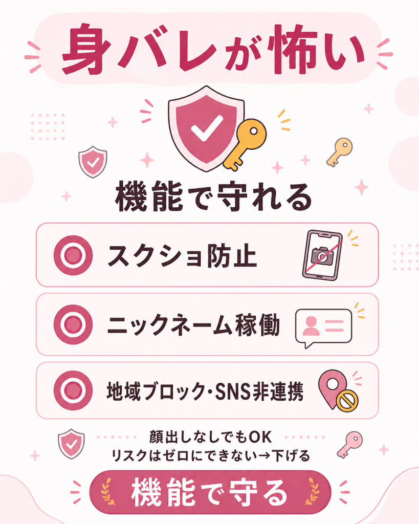 チャットレディアプリの身バレ防止機能をまとめた図