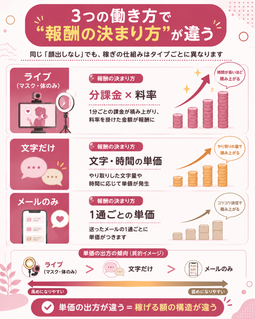 ライブ・文字・メールで報酬の決まり方が違う図解