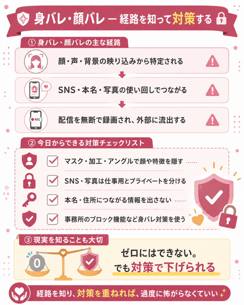 身バレ・顔バレの経路と対策をまとめた図