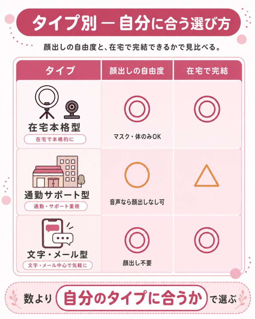 タイプ別に顔出しなしの働き方を比較した図
