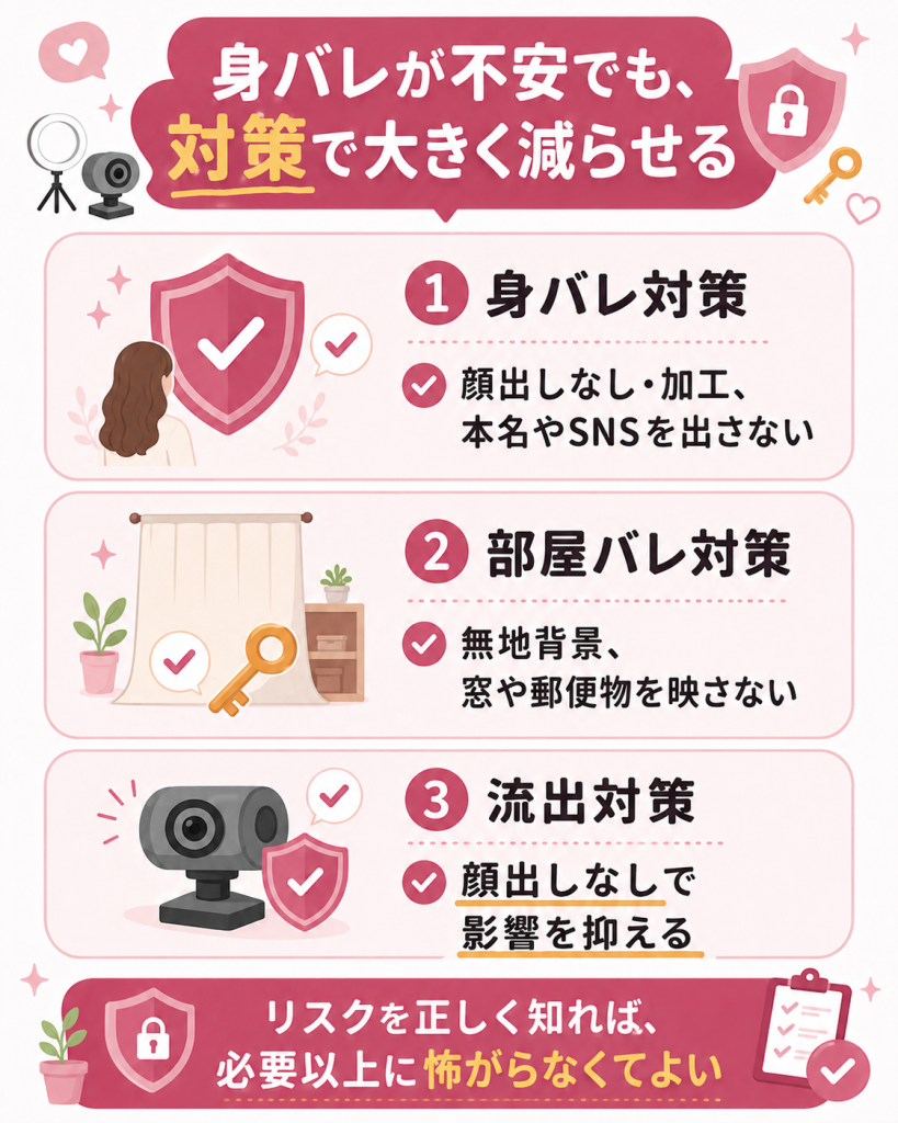 身バレ・部屋バレ・流出の3つの対策を整理した図