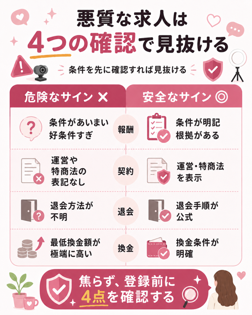 悪質な求人と安全な事務所のサインを対比した比較図