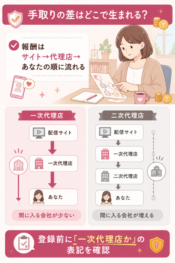 一次代理店と二次代理店の報酬構造の違いを示す階層図