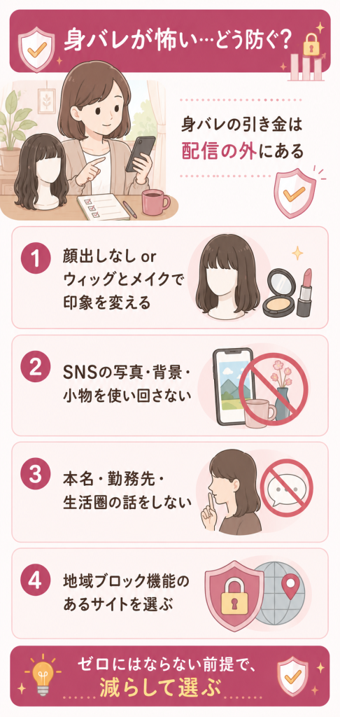 チャットレディの身バレを防ぐ4つの対策をまとめた図