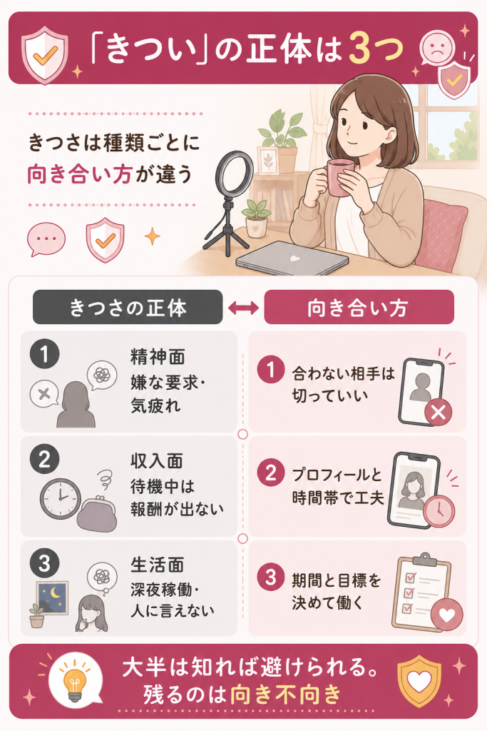 チャットレディのきつさの正体3つと向き合い方の比較図