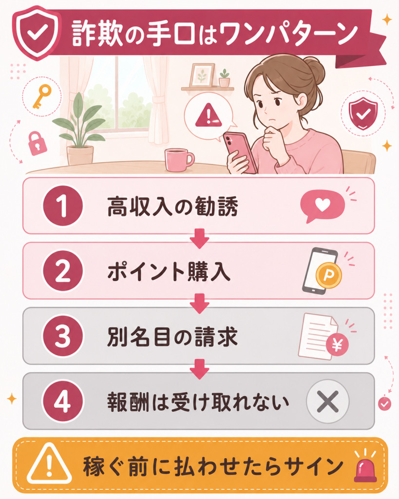 チャットレディを装う詐欺の手口の流れを示す図
