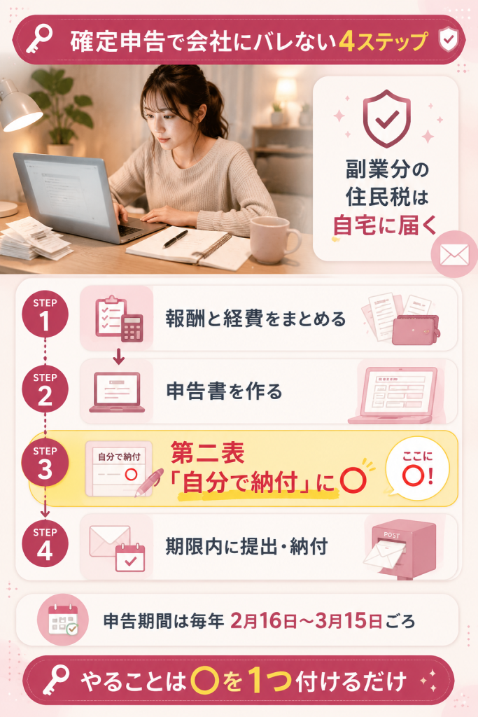 確定申告で会社にバレない4ステップの図解。第二表で自分で納付に○を付ける手順が核心