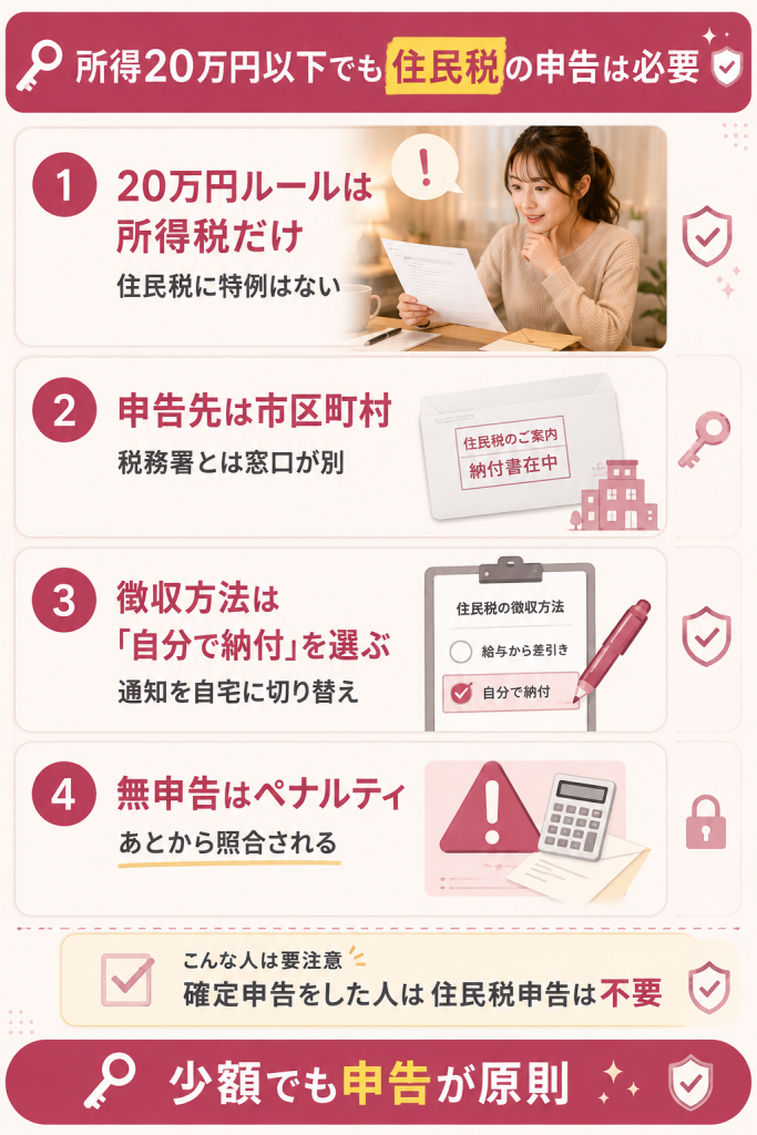 所得20万円以下でも住民税の申告が必要な理由を整理した図解。20万円ルールは所得税だけの特例