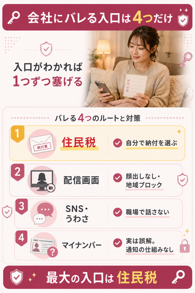 チャットレディが会社にバレる4つのルートと対策の図解。最大の入口は住民税の特別徴収