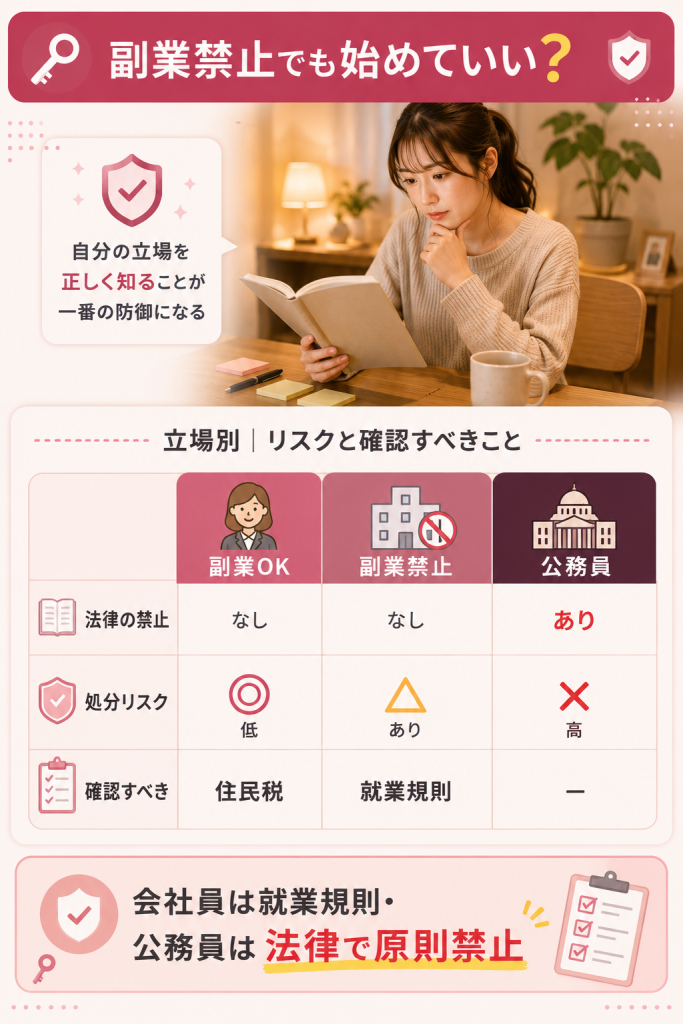副業OKの会社・副業禁止の会社・公務員の立場別にチャットレディのリスクを比較した図解