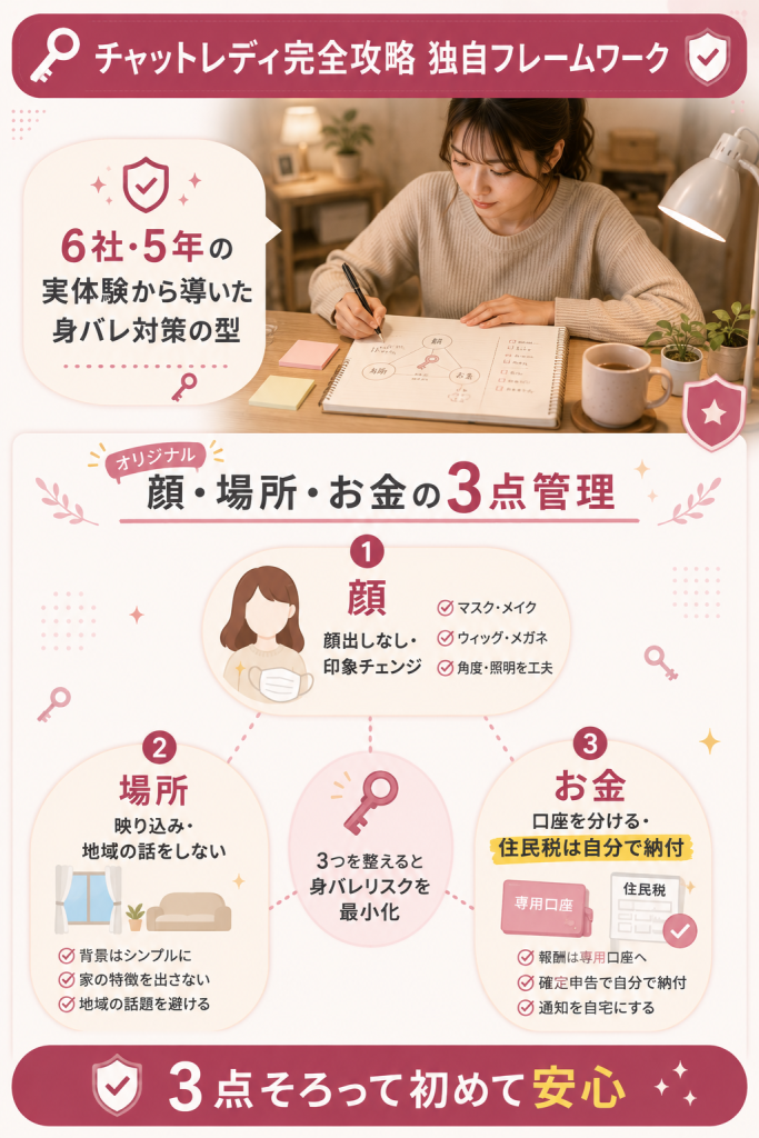 チャットレディ歴5年6社の実体験による独自フレームワーク、顔・場所・お金の3点管理の図解