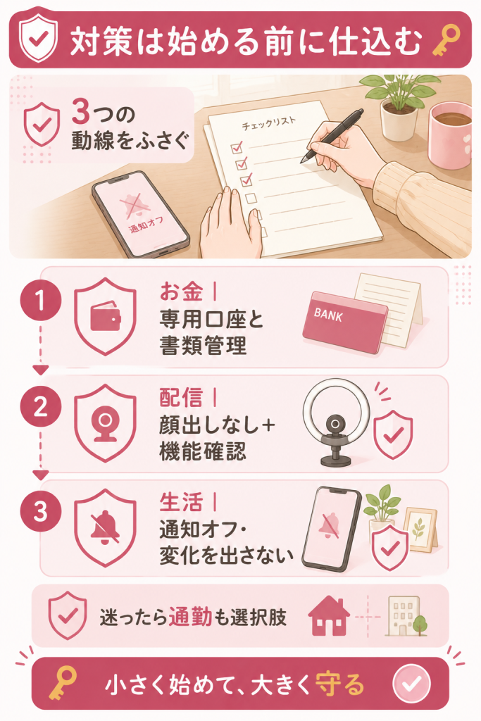 お金・配信・生活の順に対策を仕込む3ステップの流れ図