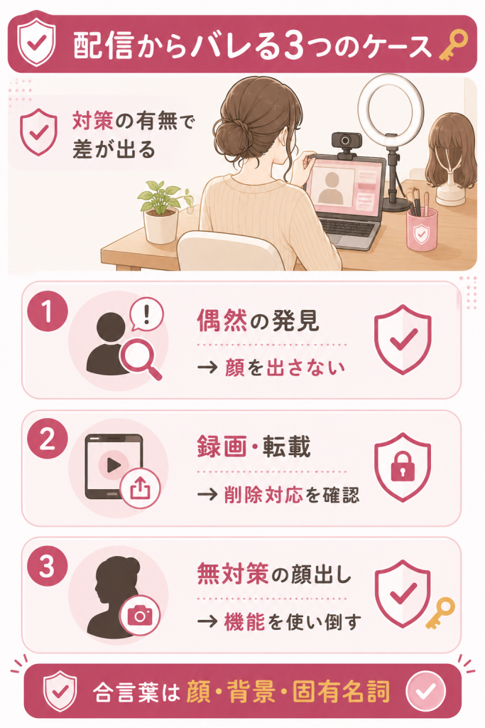 配信画面からバレる3つのケースと防ぎ方をまとめた図