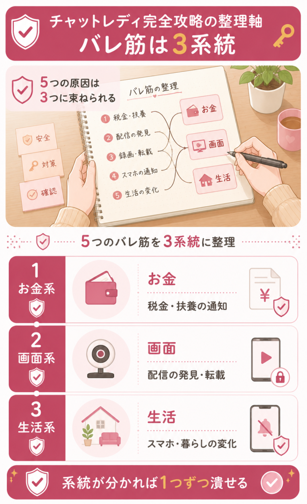 バレる原因をお金・画面・生活の3系統に整理した図