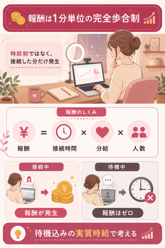 接続時間×分給×人数で決まる完全歩合制の報酬構造の図