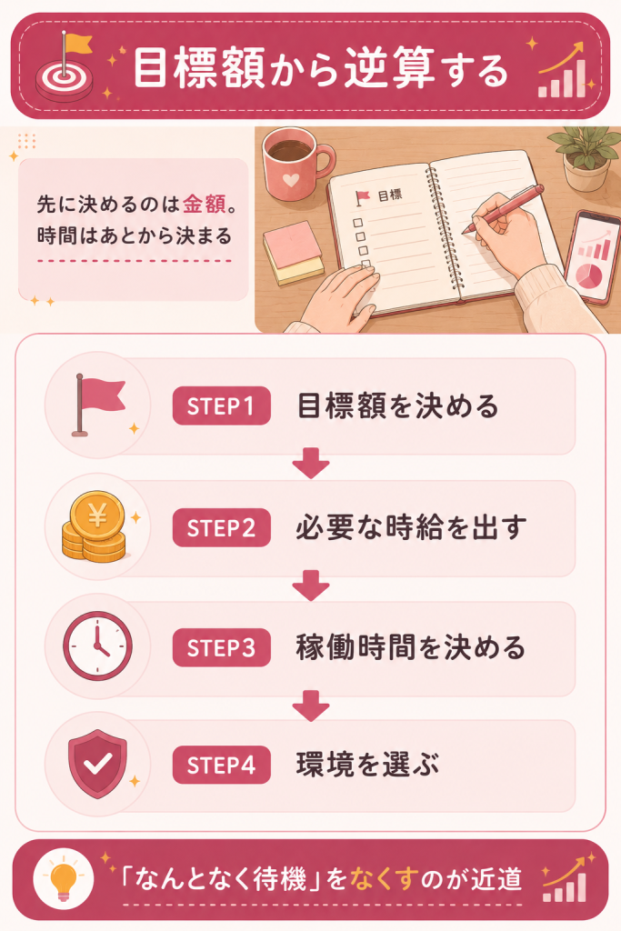 目標額から時給・時間・環境を決める逆算4ステップの図