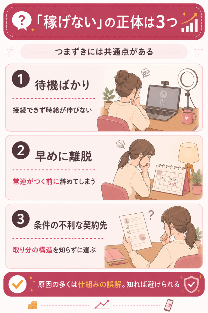 稼げないと感じる原因を3パターンに整理した図