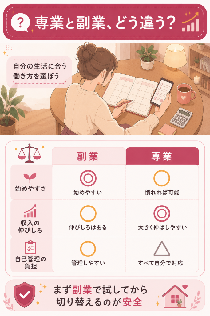 専業と副業の始めやすさや負担を比較した図