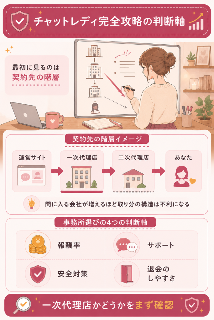 一次代理店と二次代理店の報酬構造と4つの判断軸の図
