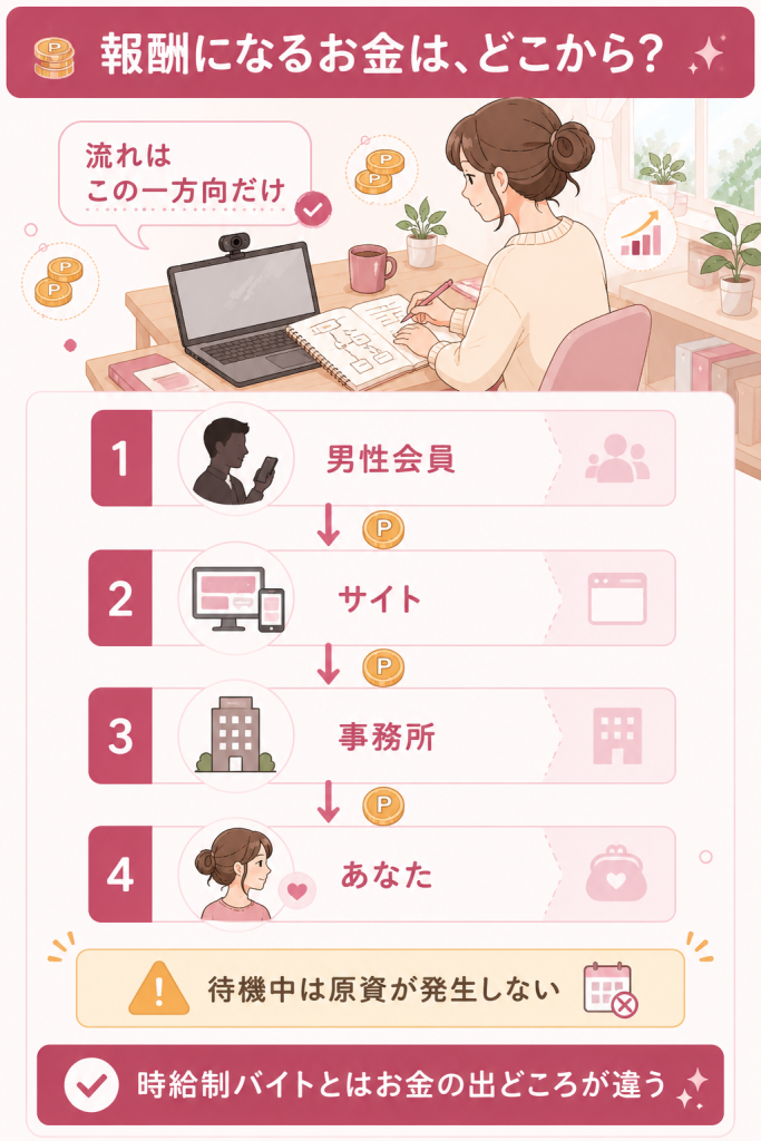 男性会員からサイトと事務所を経て報酬が届くお金の流れの図