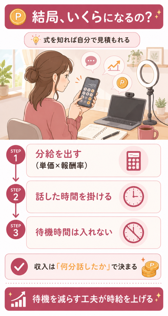 分給とチャット時間から報酬を見積もる3ステップの図