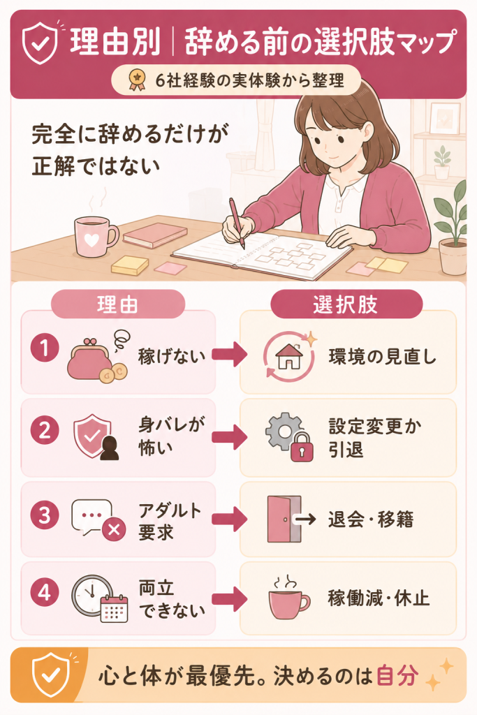 辞めたい理由別に選択肢を整理した判断軸の図解