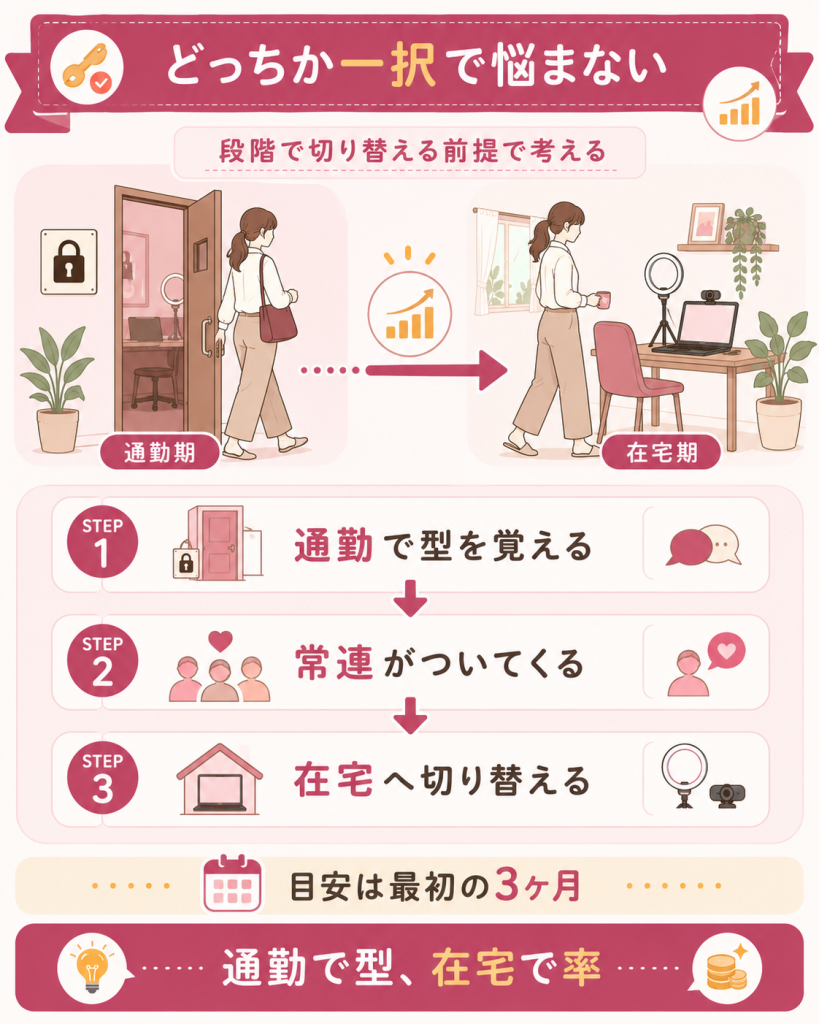 通勤で型を覚えて在宅へ切り替える3ステップの流れ図