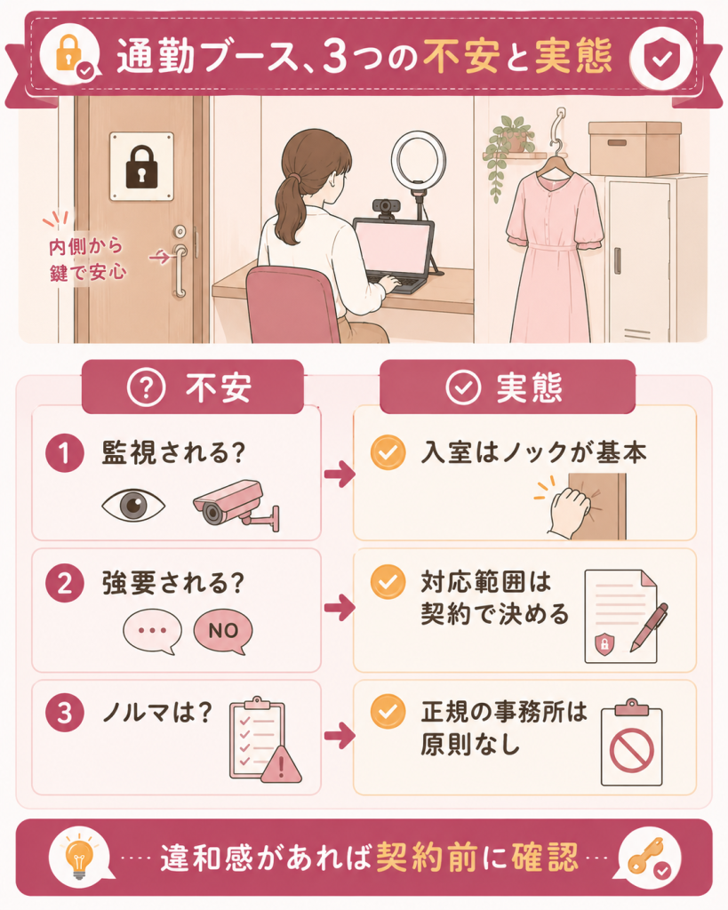 通勤ブースの3つの不安と実態を対比した図解