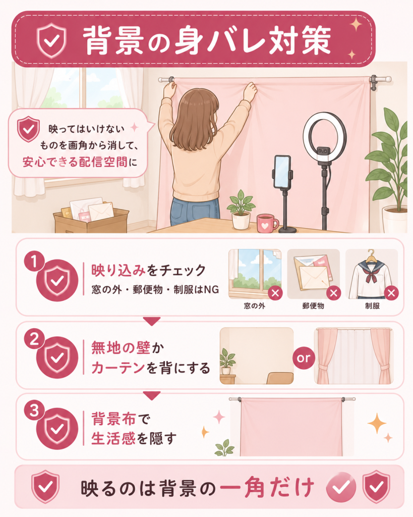 配信背景の身バレ対策3ステップの図解