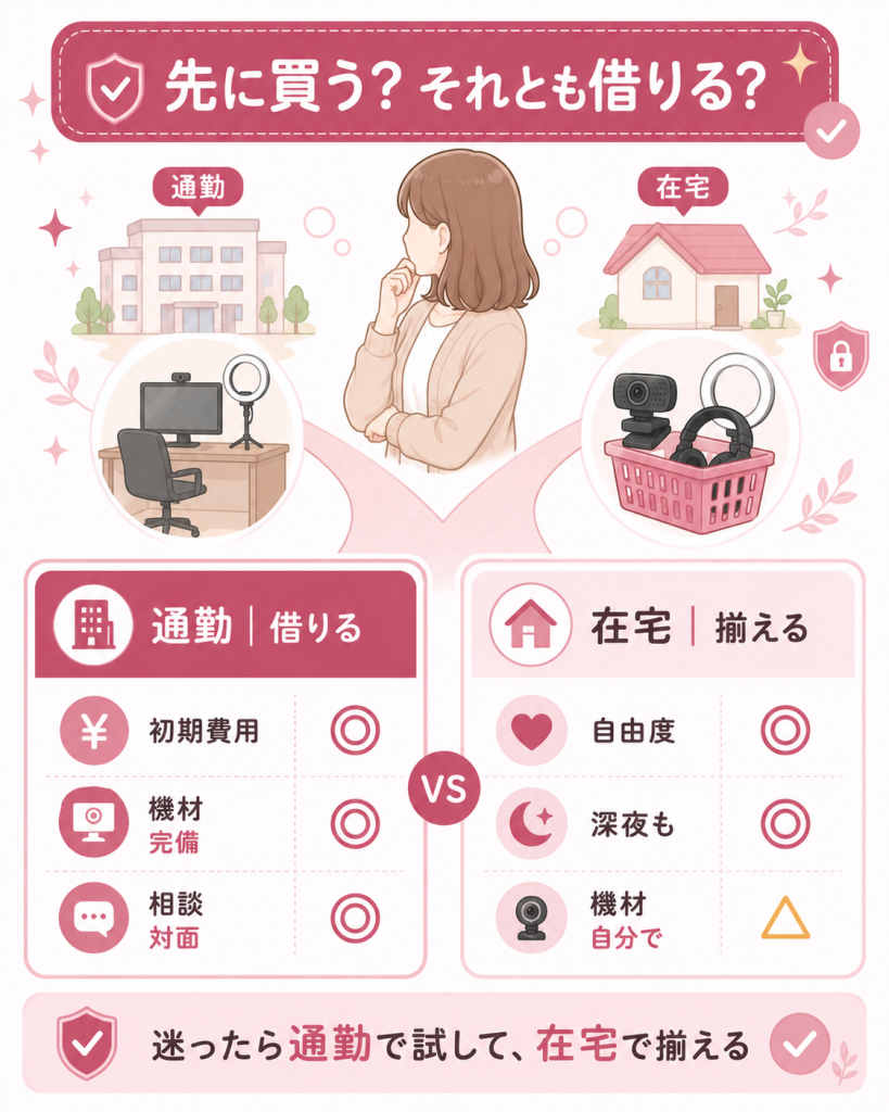 通勤で借りる場合と在宅で揃える場合の比較図