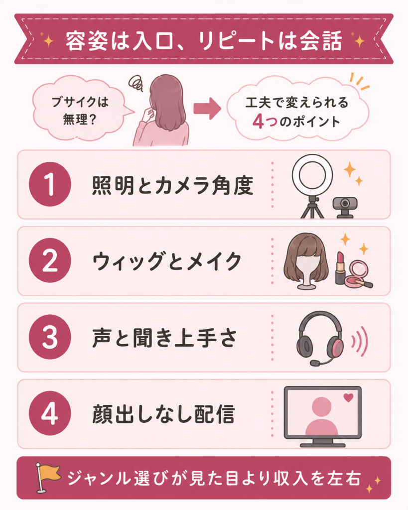 容姿に自信がない人の4つの稼ぎ方の図解