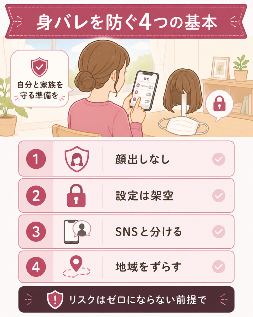 身バレを防ぐ4つの基本対策のステップ図