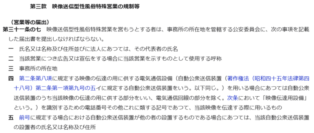 映像送信型性風俗特殊営業を定めた風営法条文
