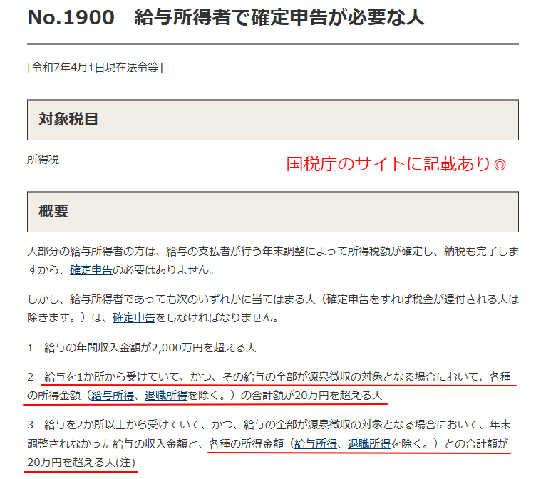 国税庁の確定申告が必要な人の説明画面