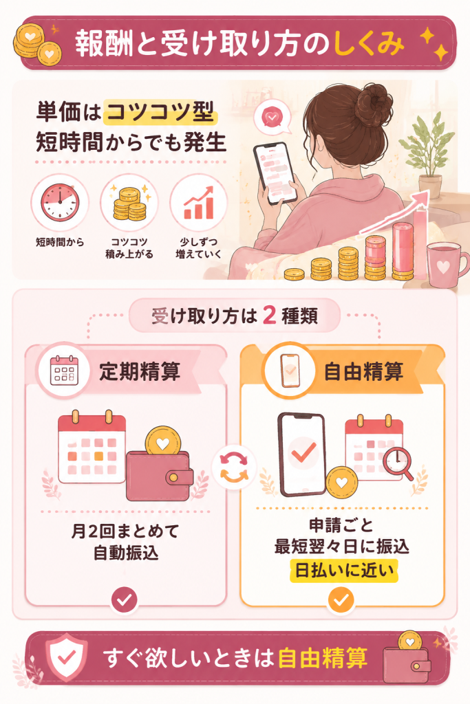 モコムの報酬と定期・自由精算の仕組み図