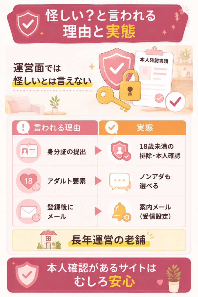 怪しいと言われる理由と実態の対比図