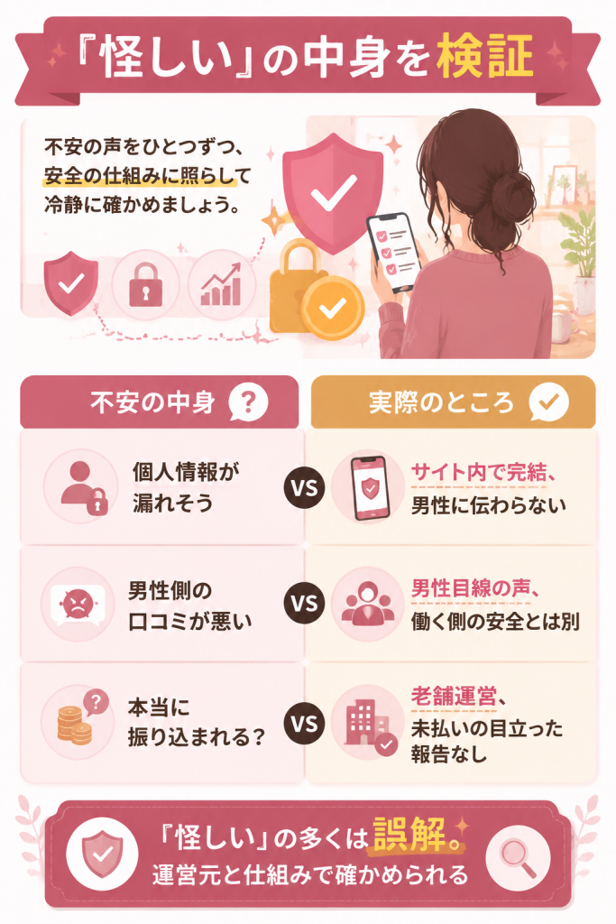 怪しいと言われる不安と実際を対比した図