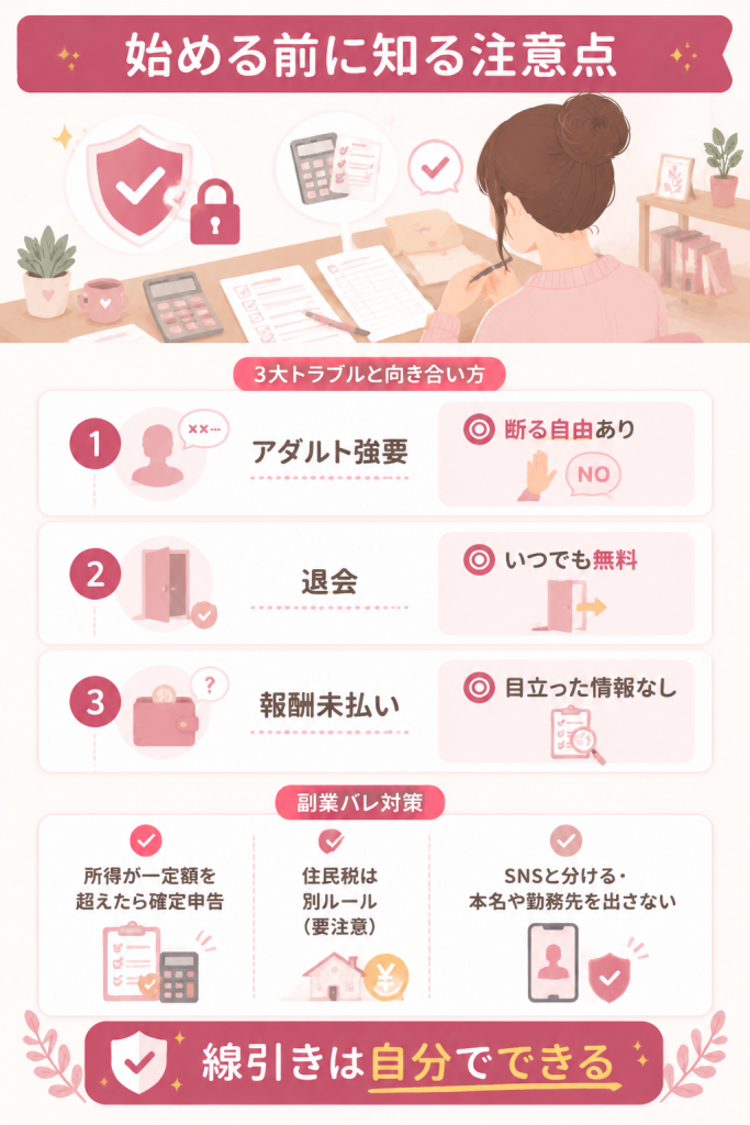 副業バレ対策と3大トラブルの注意点の図