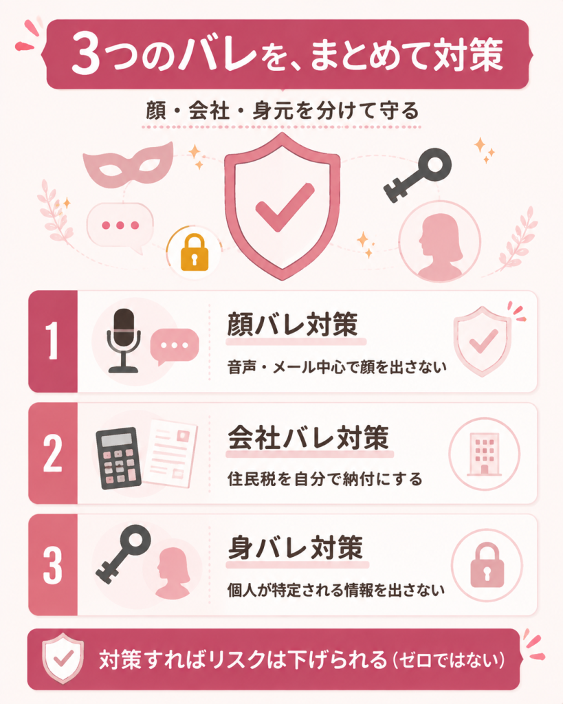 顔バレ・会社バレ・身バレの3つの対策をまとめた図
