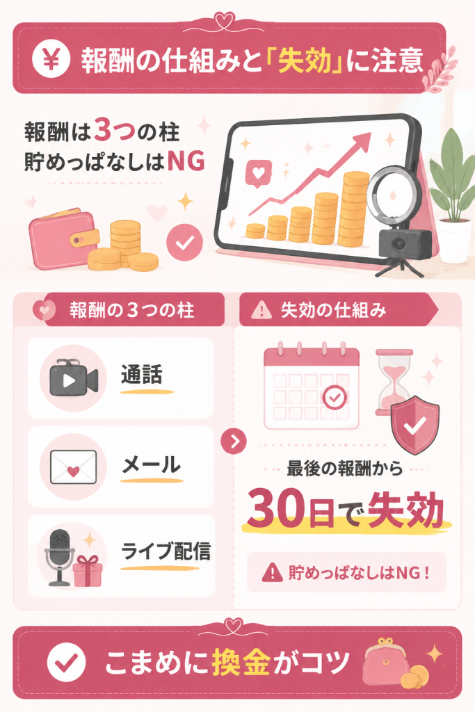 チャトレ報酬の3本柱と失効の仕組みを示す図