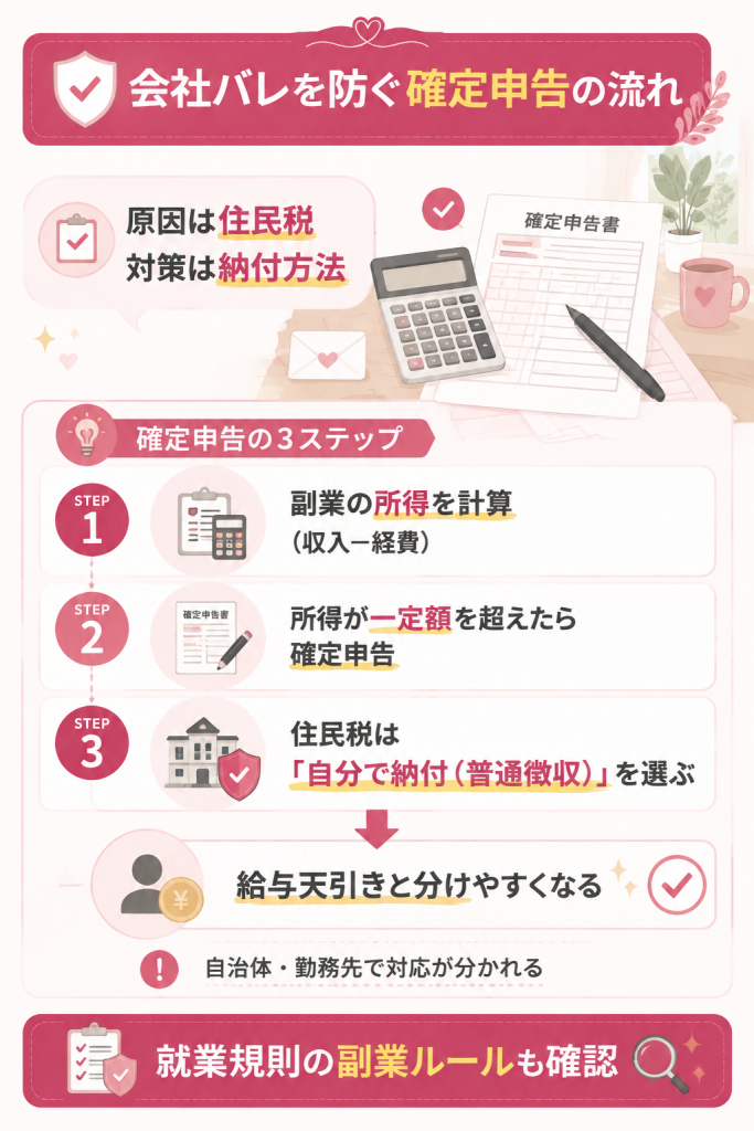 住民税と確定申告で会社バレを防ぐ流れの図