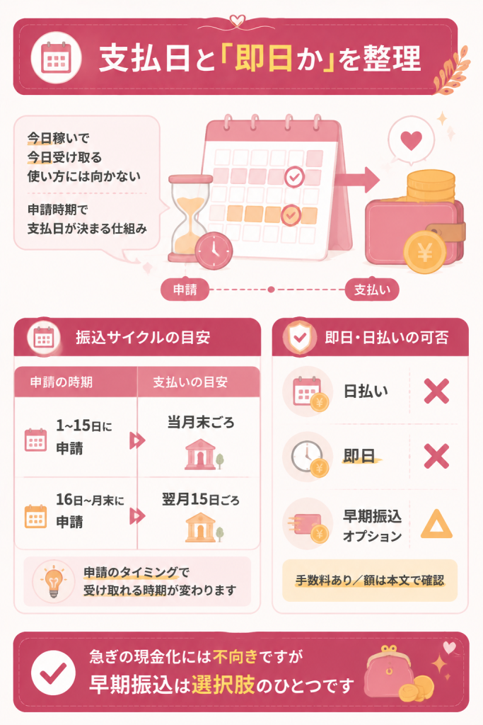 振込サイクルと日払い可否を整理した図
